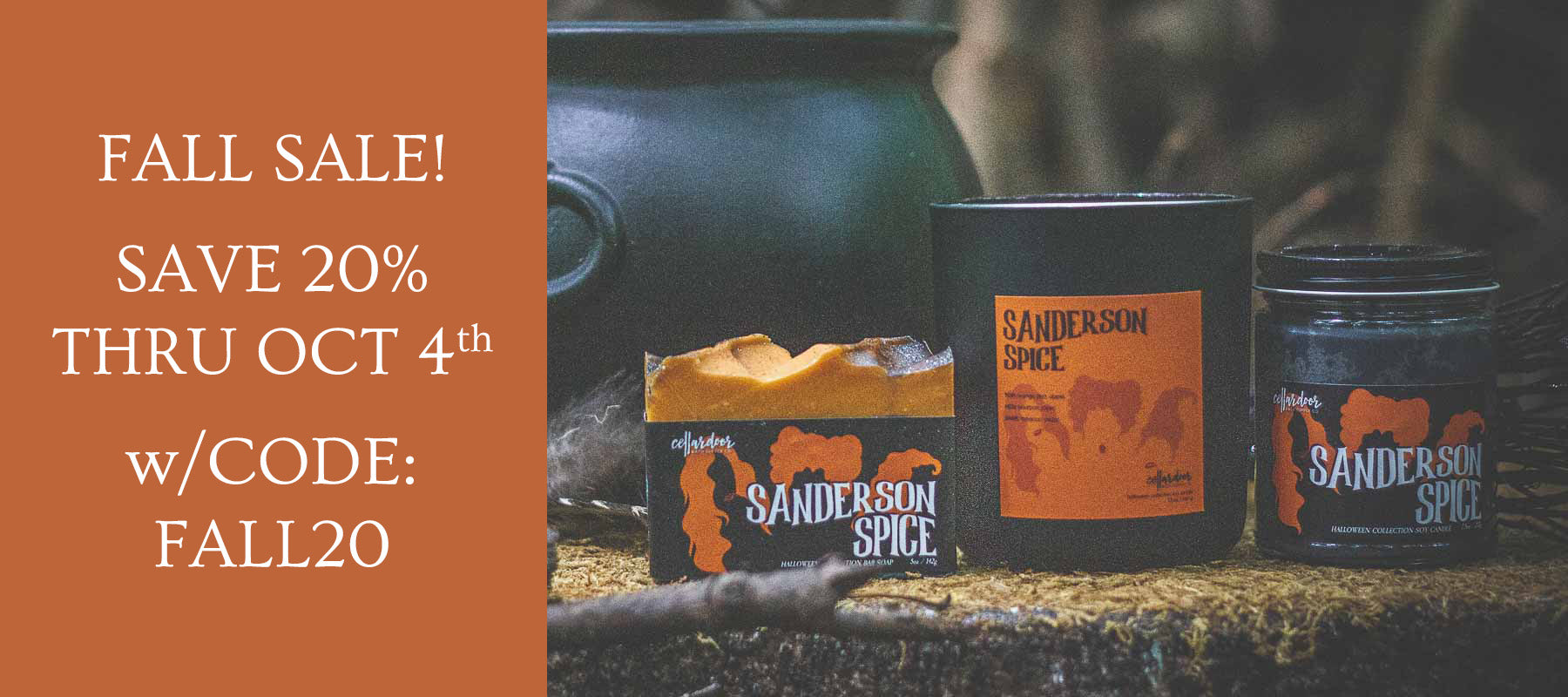 Three Sanderson's Spice products in black containers with orange labels are displayed on a rustic surface next to a cauldron, with a large orange sale banner on the left reading 'FALL SALE! SAVE 20% THRU OCT 4th w/CODE: FALL20'.