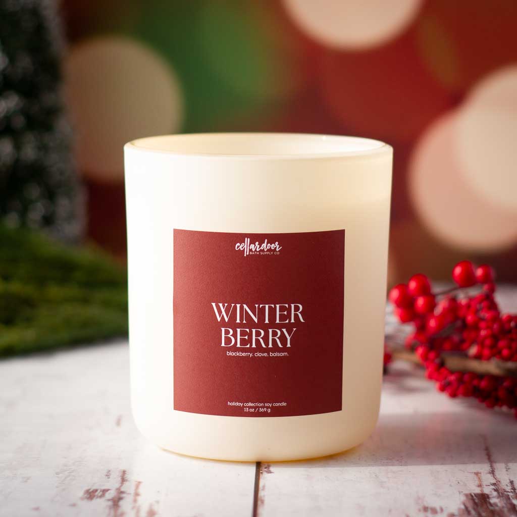 Winter Berry Double wick soy candle is shown against a festive holiday backdrop.